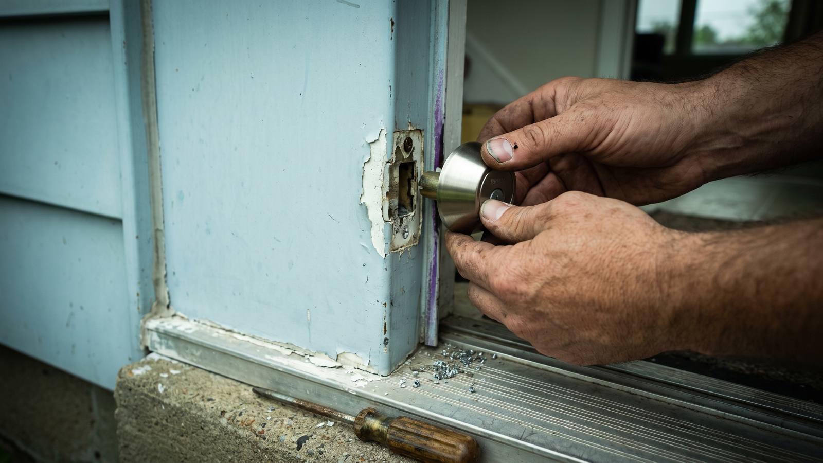 A locksmith's hands fitting a new deadbolt into the steel-framed front door of a post-war Harundale rancher, paint chalky around the old strike plate