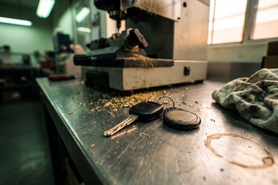 A cut transponder car key and a worn proximity fob lying on a scratched workbench beside a key cutting machine